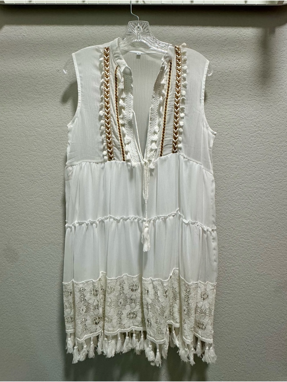 Source Unknown - White Sleeveless Swim Coverup, Tan Braided Trim, Lace & Tassels